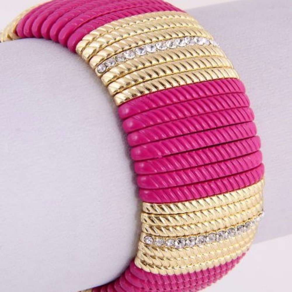 Multi Color Stretch Bangle Bracelet Fuchsia & Gold